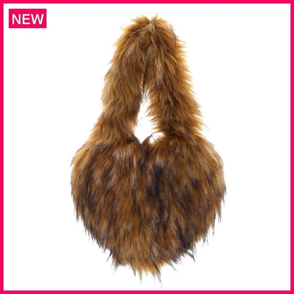 Faux Fur Heart Tote Bag, Plush Winter Handbag, Large Capacity Shoulder Purse